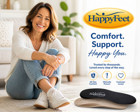 Woman sitting on a couch wearing HappyFeet insoles with the brand logo and tagline.