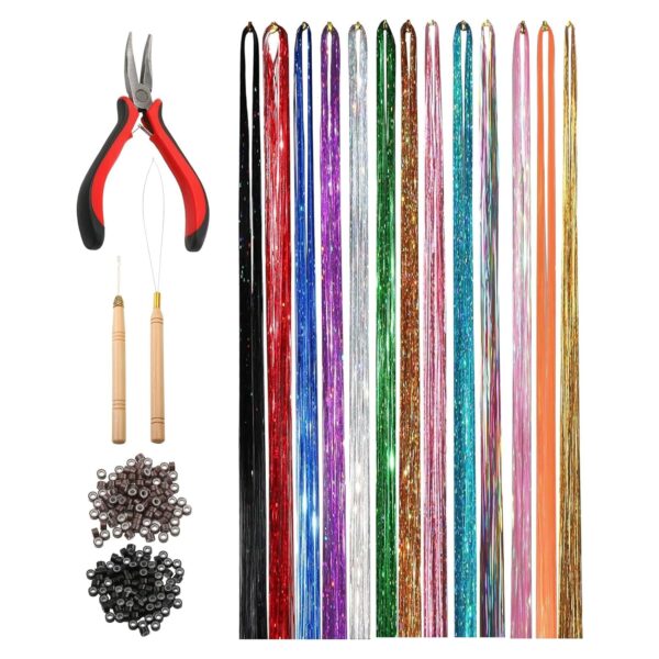 Hair Extension Tinsel Kit with Heat Resistant Hair Tinsel 12 Color Glitter