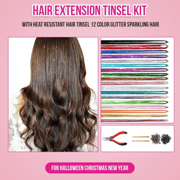 Hair Extension Tinsel Kit with Heat Resistant Hair Tinsel 12 Color Glitter - Image 2