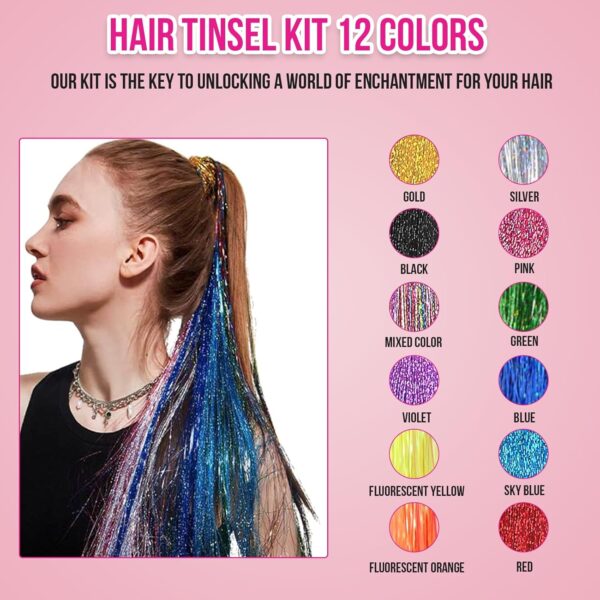 Hair Extension Tinsel Kit with Heat Resistant Hair Tinsel 12 Color Glitter - Image 3