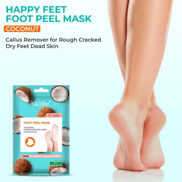 Happy Feet Foot Peel Mask Coconut, 03 Packs Original Exfoliant Foot Peel Mask, Callus Remover for Rough Cracked Dry Feet Dead Skin - Image 2